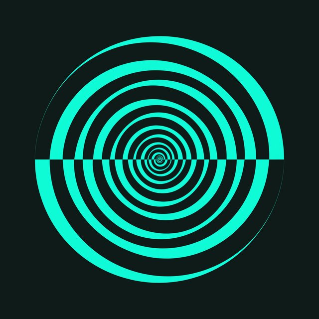 A hypnotic spiral pattern with teal and black concentric rings represents indie sufi music on Sukh Radio.